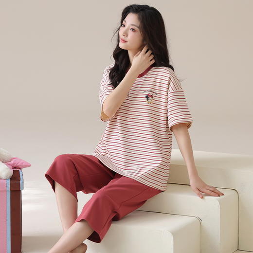 自然醒云间针织棉（带胸垫）睡衣女春夏款短袖七分裤可爱卡通套装夏天甜美女士家居服QH 商品图6