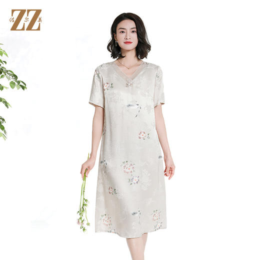 佐尔美国风真丝100%桑蚕丝提花新中式短袖连衣裙女M42LS79 商品图1