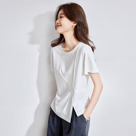 莫代尔白色圆领t恤，正肩修身型设计感遮肚小个子上衣CC-66-87018