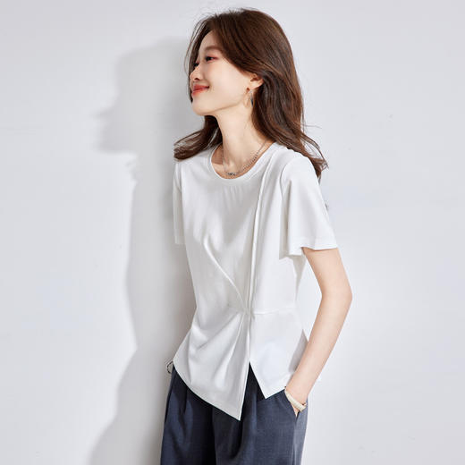 莫代尔白色圆领t恤，正肩修身型设计感遮肚小个子上衣CC-66-87018 商品图0