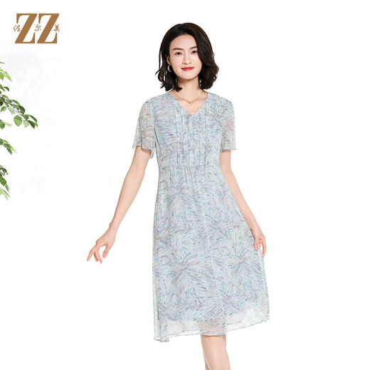佐尔美夏季新款时尚气质碎花桑蚕丝短袖连衣裙女M42LS61 商品图2