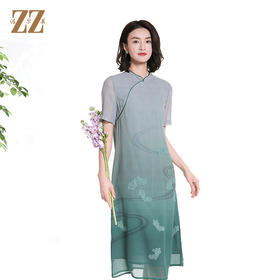 佐尔美夏季新款新中式国风碎花桑蚕丝短袖连衣裙女M42LS74