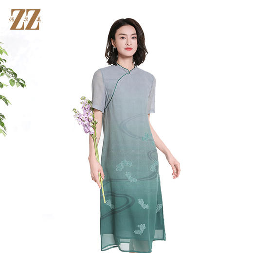 佐尔美夏季新款新中式国风碎花桑蚕丝短袖连衣裙女M42LS74 商品图0