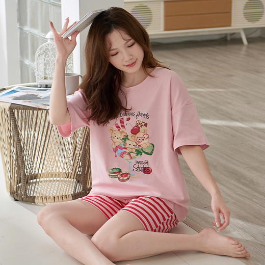 自然醒彩虹牛奶丝（带胸垫）一体睡衣女夏短袖薄款韩范甜美休闲可外穿家居服QH 商品图5