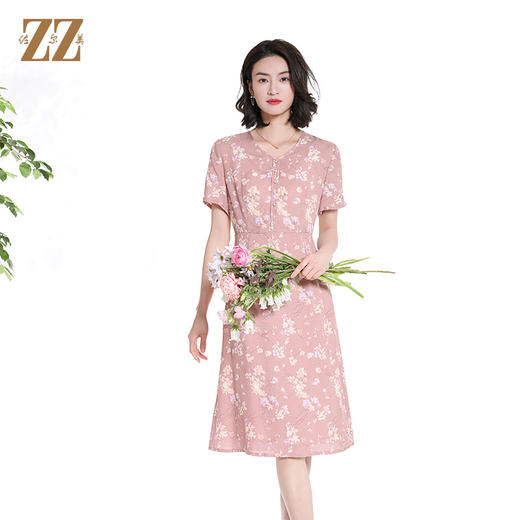 佐尔美夏季新款时尚气质碎花桑蚕丝短袖连衣裙女M42LS78 商品图1