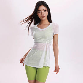跃牌【禅语梵心】薄款短袖修身透气瑜伽罩衫圆领中长款收腰健身上衣DX3148