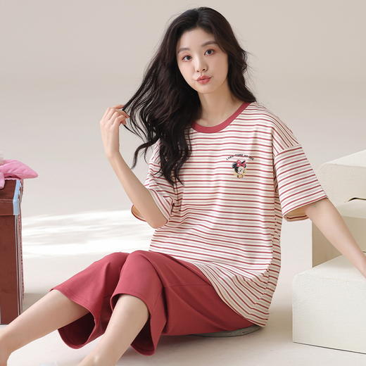 自然醒云间针织棉（带胸垫）睡衣女春夏款短袖七分裤可爱卡通套装夏天甜美女士家居服QH 商品图10