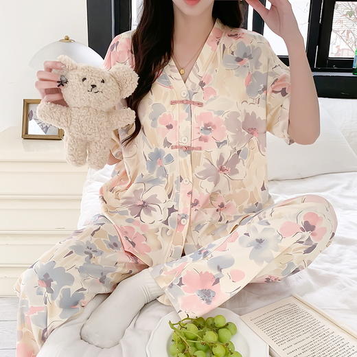 自然醒月蝶牛奶丝女士睡衣短袖长裤可外穿夏季休闲国风和服宽松两件套家居服QH 商品图0