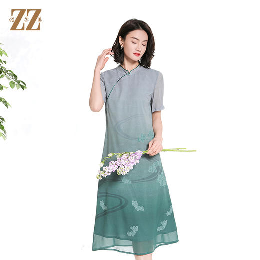 佐尔美夏季新款新中式国风碎花桑蚕丝短袖连衣裙女M42LS74 商品图1