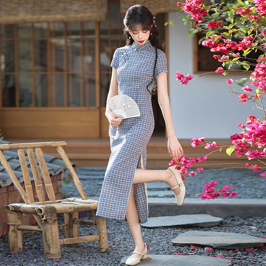 学院风涤棉提花旗袍，改良时尚少女珍珠扣格子旗袍BS- 2525 商品图1