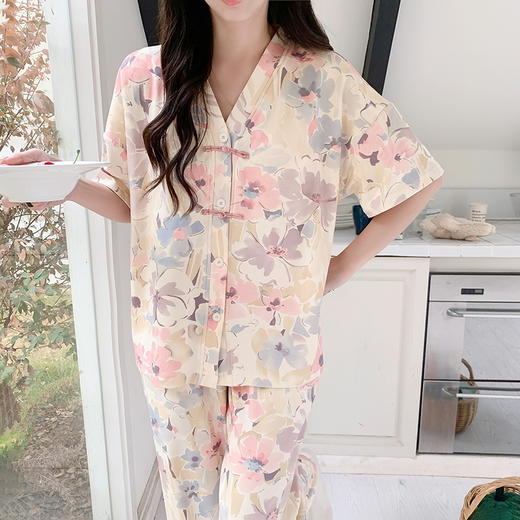 自然醒月蝶牛奶丝女士睡衣短袖长裤可外穿夏季休闲国风和服宽松两件套家居服QH 商品图5