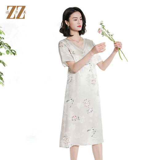 佐尔美国风真丝100%桑蚕丝提花新中式短袖连衣裙女M42LS79 商品图3