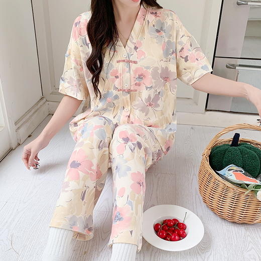 自然醒月蝶牛奶丝女士睡衣短袖长裤可外穿夏季休闲国风和服宽松两件套家居服QH 商品图6