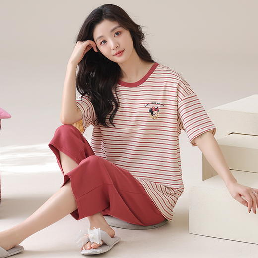 自然醒云间针织棉（带胸垫）睡衣女春夏款短袖七分裤可爱卡通套装夏天甜美女士家居服QH 商品图12