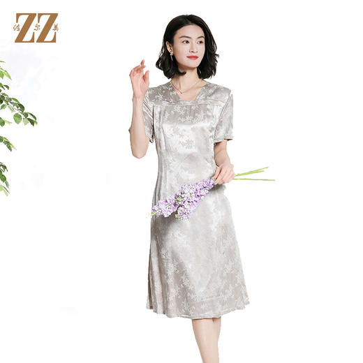 佐尔美夏季新款时尚气质提花桑蚕丝短袖连衣裙女M42LS68 商品图0