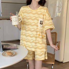 自然醒花雨睡衣女夏季牛奶丝短袖短裤长裤韩版ins风条纹卡通学生可外穿家居服套装QH