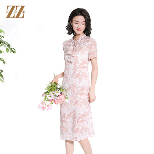 佐尔美夏季新款时尚气质碎花桑蚕丝短袖连衣裙女M42LS59 商品图1