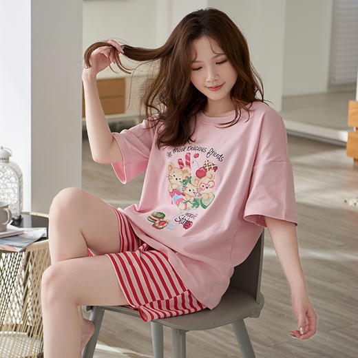 自然醒彩虹牛奶丝（带胸垫）一体睡衣女夏短袖薄款韩范甜美休闲可外穿家居服QH 商品图9