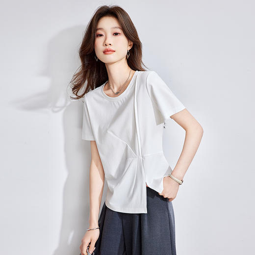 莫代尔白色圆领t恤，正肩修身型设计感遮肚小个子上衣CC-66-87018 商品图2