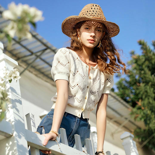 OLrain欧芮儿2025夏季新款白色法式镂空度假风毛针织开衫女上衣 商品图0