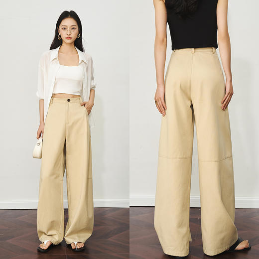 OLrain欧芮儿卡其休闲设计感香蕉裤高腰显瘦时尚百搭直筒裤阔腿裤 商品图2