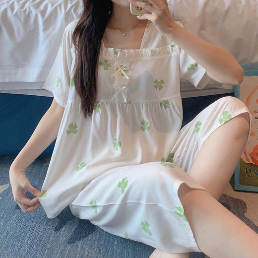 【软糯舒适】睡衣女款夏季棉绸透气短袖短裤新款夏天薄款少女家居服套装。ry 商品图0