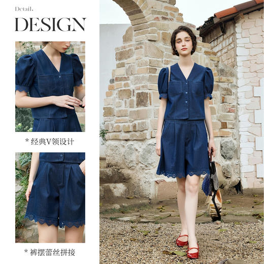 olrain欧芮儿洗水牛仔拼接蕾丝套装女夏季2025新款时尚休闲两件套 商品图1