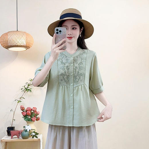 对音夏款休闲气质妈妈装新中式刺绣半袖上衣+阔腿裤套装JK-Z2115 商品图0