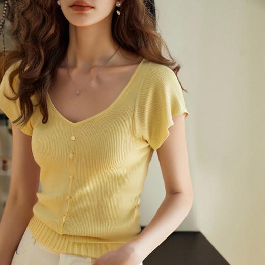OLrain欧芮儿黄色法式气质针织衫女夏季2025新款修身显瘦短款上衣 商品图3