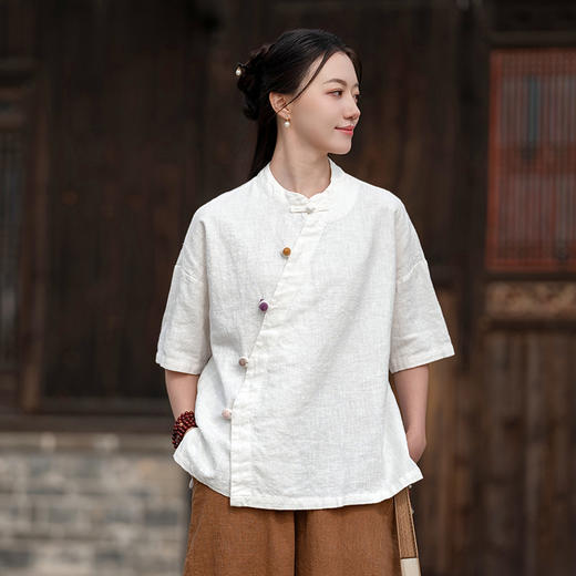 国风立领偏襟撞色盘扣，棉麻禅意茶服衬衫女短袖复古上衣KY- 8376 商品图1