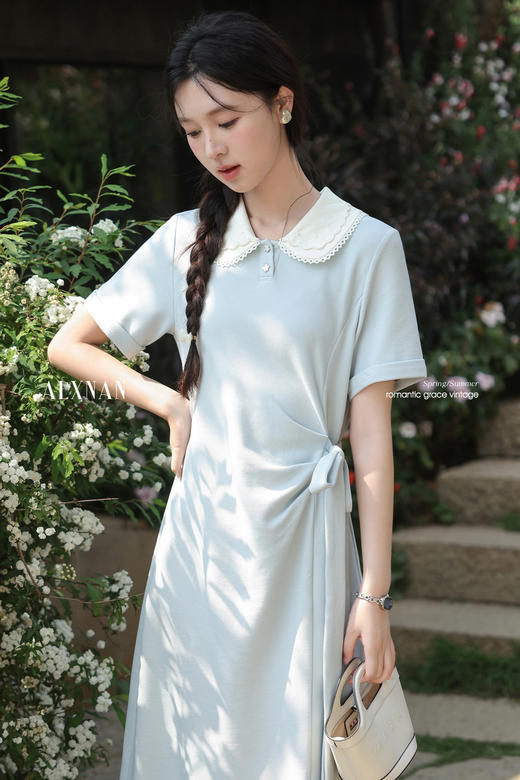 【6折秒杀】鹿向南「木浦夏日」气质翻领女夏连衣裙宽松短袖收腰侧开叉长款裙DYL661811 商品图5