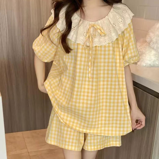 【蕾丝点缀！显玲珑】睡衣女夏季短袖短裤韩版甜美蕾丝格子家居服套装爆款。ry 商品图0