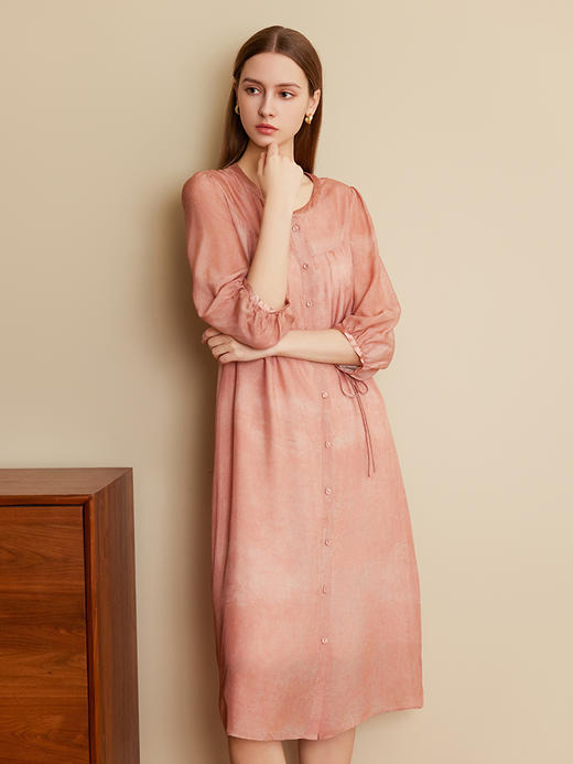 【圆领系带真丝裙】25年夏季新品女士100%桑蚕丝时尚七分袖真丝裙子 商品图1