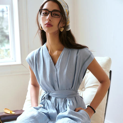 OLrain欧芮儿蓝色法式V领连衣裙女夏季2025新款精致御姐风长裙子 商品图0