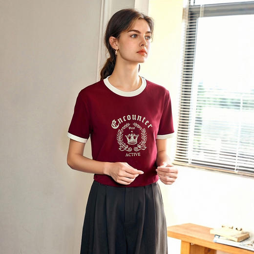 OLrain欧芮儿红色美式复古宽松T恤女夏季2025年新款撞色圆领上衣 商品图3