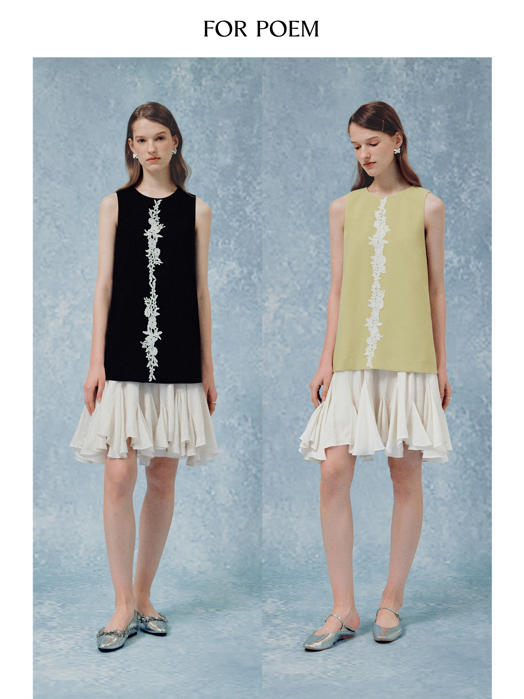 ForPoem 现货 25/SS原创设计蕾丝花边醋酸拼接不规则下摆短款连衣裙