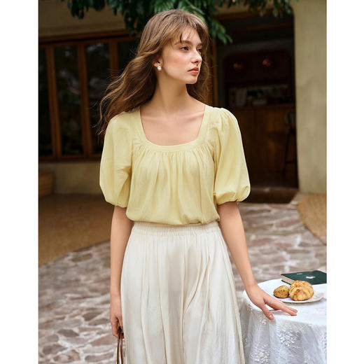 OLrain欧芮儿黄色方领法式度假衬衫夏季2025新款宽松显瘦别致小衫 商品图3