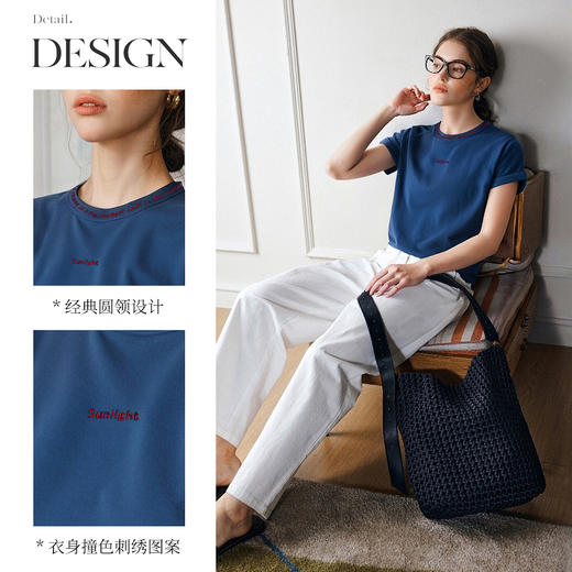 OLrain欧芮儿圆领撞色刺绣短袖百搭T恤女夏 季2025新款深蓝色上衣 商品图1
