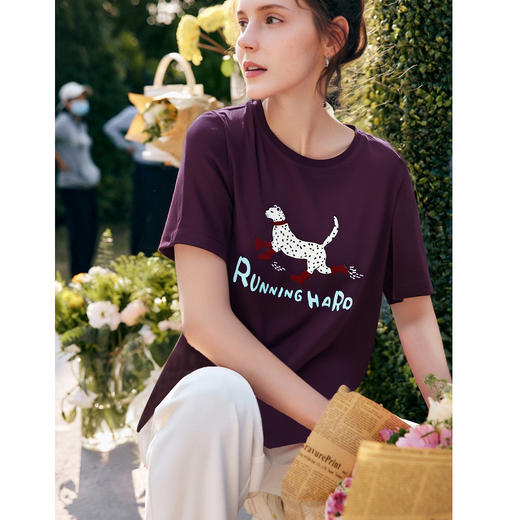 OLrain欧芮儿紫色圆领印花宽松T恤女夏季2025年新款休闲字母上衣 商品图2