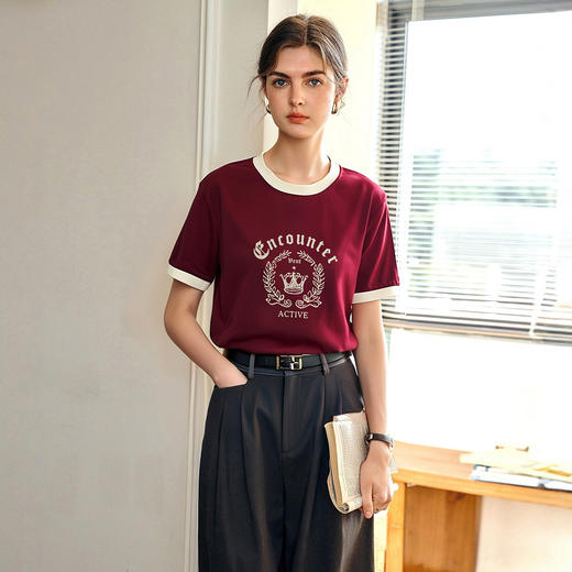 OLrain欧芮儿红色美式复古宽松T恤女夏季2025年新款撞色圆领上衣 商品图0