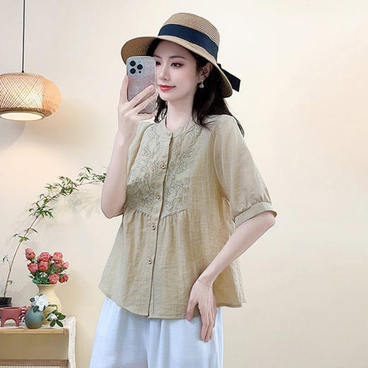 对音夏款休闲气质妈妈装新中式刺绣半袖上衣+阔腿裤套装JK-Z2115 商品图1