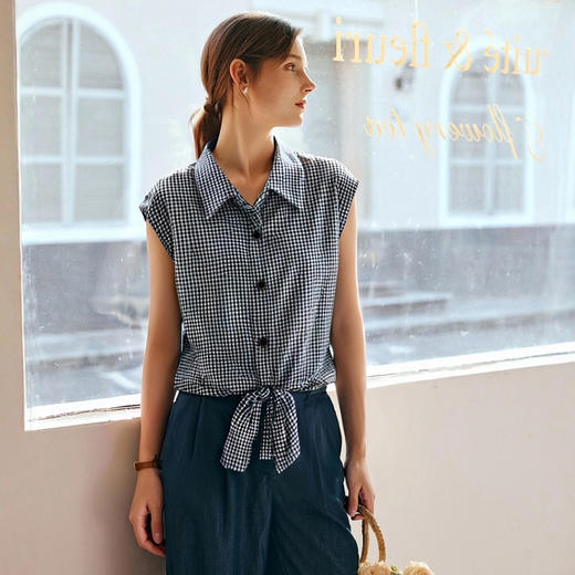 OLrain欧芮儿黑白格系带翻领通勤衬衫女夏季2025新款洋气背心上衣 商品图0