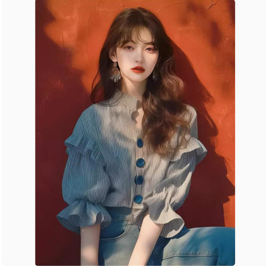 雀说 夏季流行爆款独特上衣洋气别致超好看黑白条纹荷叶边衬衫5ZF-9327 商品图0