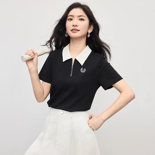 【初夏新品】熙世界学院风半拉链撞色POLO领T恤女设计感短袖正肩上衣2025夏季 商品图3