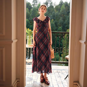 OLrain欧芮儿红格法式荷叶边修身连衣裙女夏季2025新款无袖茶歇裙