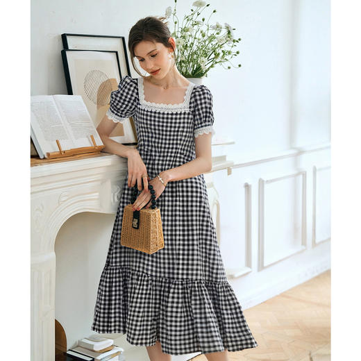 OLrain欧芮儿黑白格纹方领法式连衣裙女夏季2025新款泡泡袖长裙子 商品图2