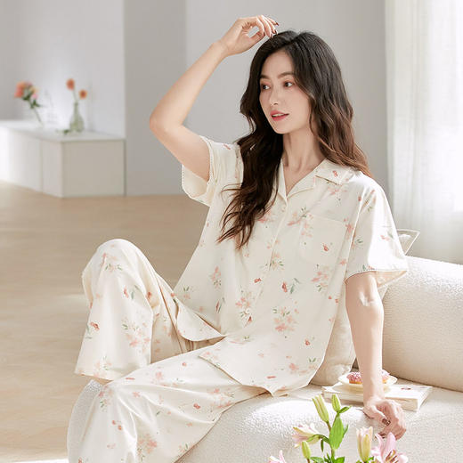 【超柔软莫代尔】夏季莫代尔女士睡衣短袖长裤可外穿翻领家居服    JL-2522 商品图3