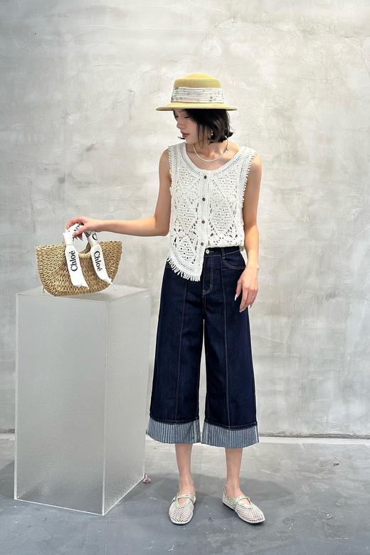 N51080#反脚条纹阔腿七分裤 商品图0