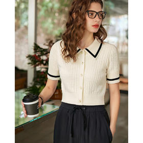 OLrain欧芮儿白色法式复古绞花POLO领毛针织开衫女夏季2025年新款