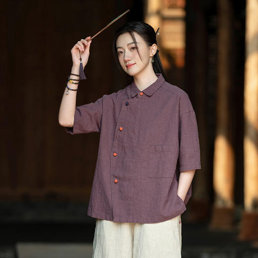 苎麻砂洗文艺翻领斜襟撞色，盘扣上衣短袖女式棉麻衬衫KY- 8375 商品图0